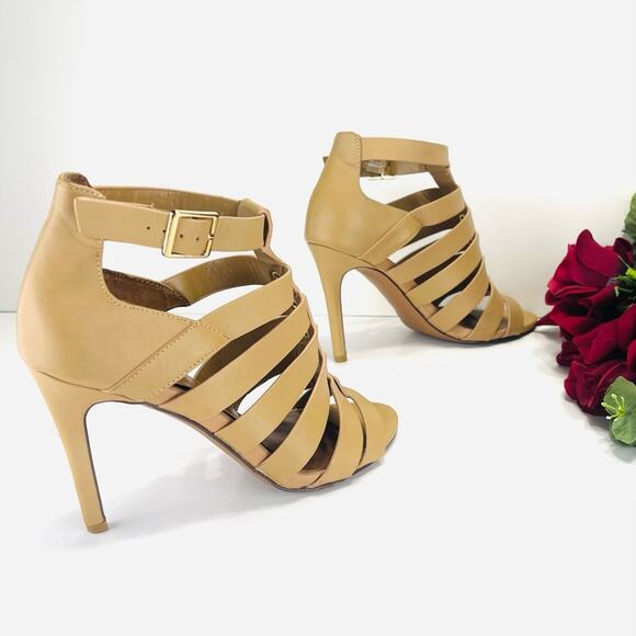 Aldo Strappy Stiletto Sandals/Booties Size 7.5 Tan Leather Open Toe High Heels - Picture 15 of 16